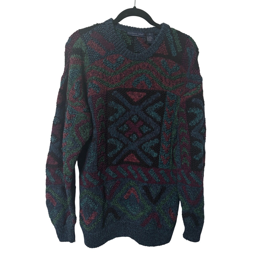 Northern Isles‎ Vintage 90s Geometric Knit Sweater Mens Large Ramie Cotton Teal